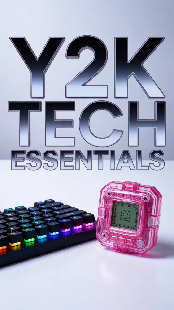 glowing y2k tech, 2000s electronics, transparent mechanical keyboard, y2k room decor, clear aesthetic gadgets