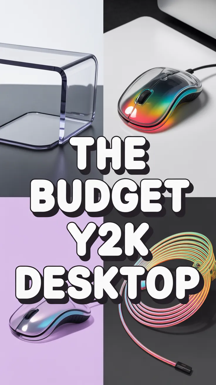 retro desk setup under 100, y2k electronics, clear monitor stand, aesthetic desk accessories, liquid aqua mouse