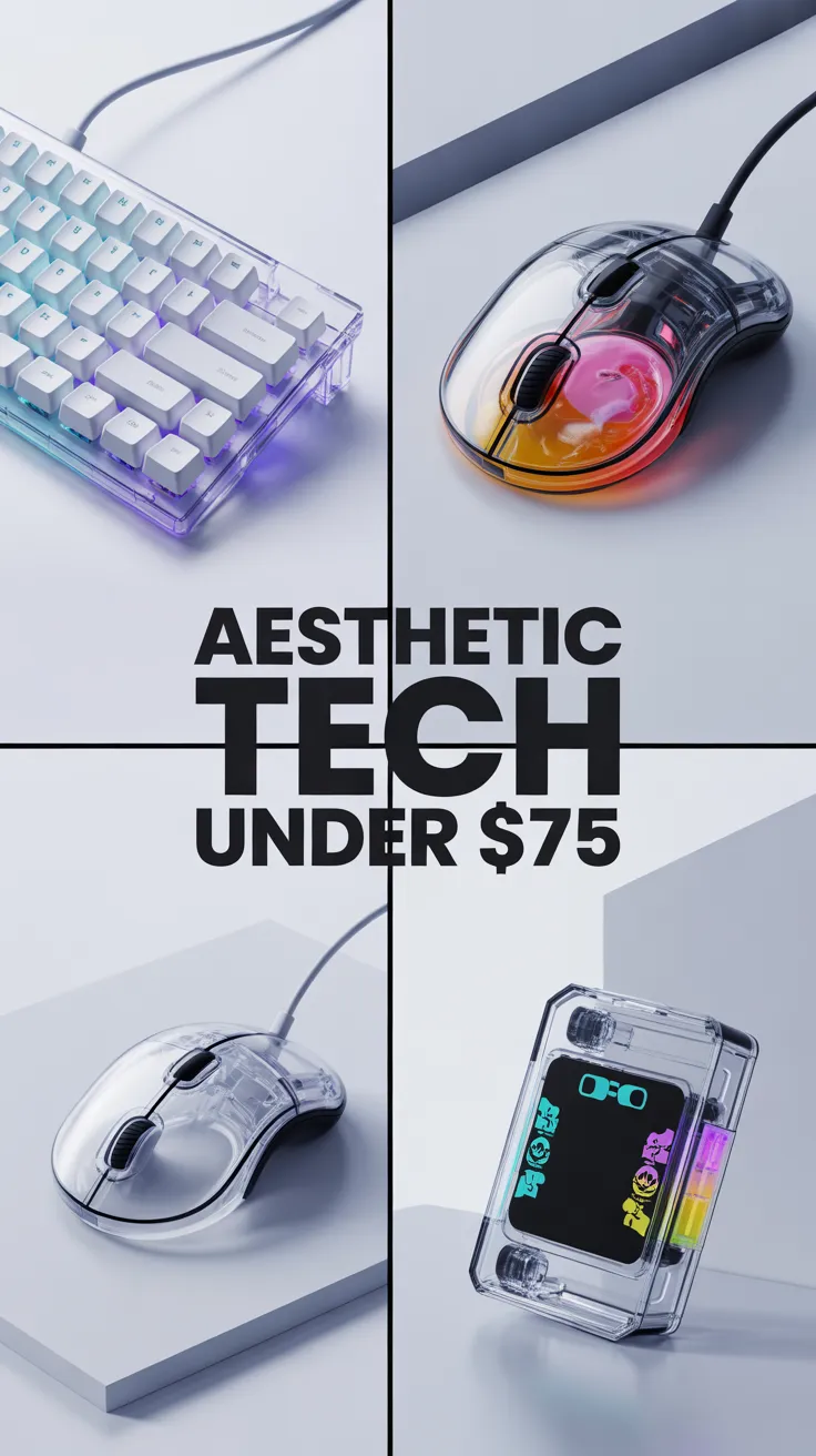 y2k tech, glowing y2k tech, retro charger, transparent mechanical keyboard, liquid aqua mouse