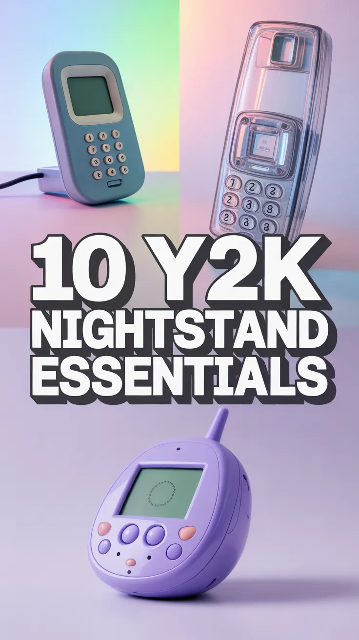 y2k room decor, small transparent speaker, y2k electronics, y2k tech, aesthetic nightstand